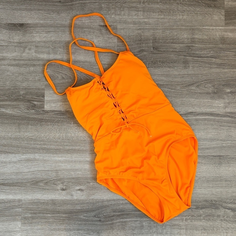 Time and Tru orange lace up one piece swimsuit